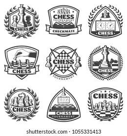 Vintage monochrome chess game labels set with inscriptions figures chessboards clocks laurel wreath isolated vector illustration