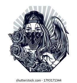 Vintage monochrome chicano tattoo concept with hand holding tattoo machine demon mask roses girl with angel wing in baseball cap and bandana on face isolated vector illustration