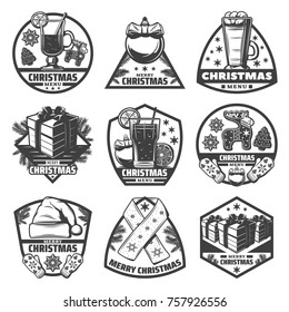 Vintage monochrome Christmas menu labels set with beverages ginger cookies gifts mittens scarf hat balls fir branches isolated vector illustration