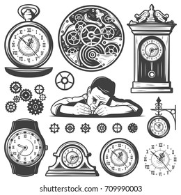 Vintage monochrome clocks repair elements set with working master mechanisms gear and different watches isolated vector illustration