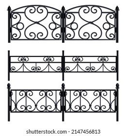 Vintage monochrome collection of wrought iron fence and railing with swirls isolated on white background realistic vector illustration