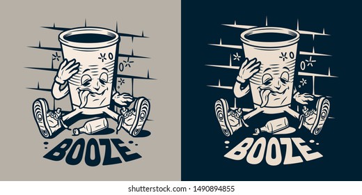 Vintage monochrome college emblem with funny drunk paper cup sitting near bottle of booze isolated vector illustration