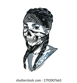 Vintage monochrome concept of chicano girl with tattoos in bandana and scary scarf on her face isolated vector illustration