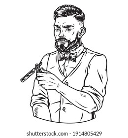 Vintage monochrome concept of stylish barber with beard mustache trendy hairstyle and straight razor isolated vector illustration