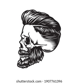 Vintage monochrome concept of stylish skull with beard mustache and trendy hairstyle isolated vector illustration