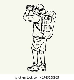 Vintage monochrome concept of tourist man standing with his back and looking through binoculars isolated vector illustration