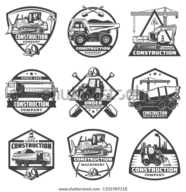 Vintage monochrome construction labels set\
with inscriptions building equipment trucks crane bulldozer\
excavator isolated vector\
illustration
