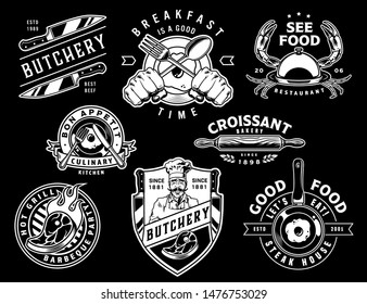 Vintage monochrome cooking emblems with butcher meat knives hands holding fork and spoon rolling pin steaks omelette on frying pan sea food isolated vector illustration