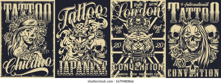 Vintage monochrome covers set with tattoo conventions and chicano style posters vector illustration