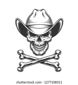 Vintage monochrome cowboy skull and crossbones isolated vector illustration