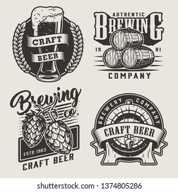 Vintage monochrome craft beer badges with wooden barrels hop cones wheat ears and beer glass isolated vector illustration