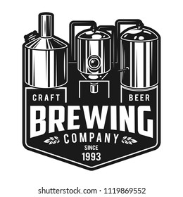 Vintage monochrome craft brewery emblem with brewing machine and inscriptions isolated vector illustration