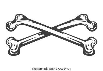 Vintage monochrome crossbones isolated on white background. Hand drawn design element template for emblem, print, cover, poster. Vector illustration.