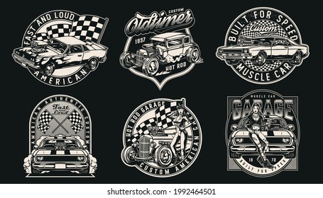 Vintage monochrome custom cars designs with inscriptions hot rod and muscle cars checkered race flags attractive women holding wrenches isolated vector illustration - Shutterstock ID 1992464501
