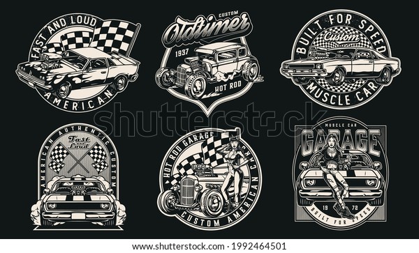 Vintage monochrome custom\
cars designs with inscriptions hot rod and muscle cars checkered\
race flags attractive women holding wrenches isolated vector\
illustration