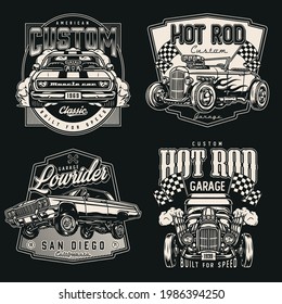 Vintage monochrome custom cars emblems with powerful american hot rod muscle and lowrider automobiles racing checkered flags isolated vector illustration