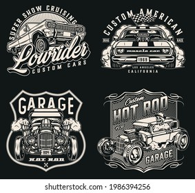 Vintage monochrome custom cars emblems with skeleton in baseball cap driving hot rod racing checkered flag american muscle and lowrider cars isolated vector illustration