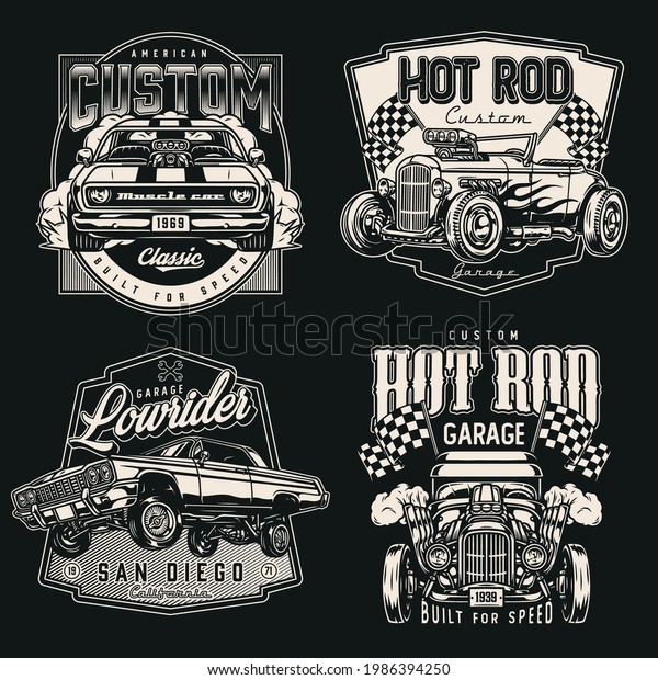 Vintage monochrome custom cars\
emblems with powerful american hot rod muscle and lowrider\
automobiles racing checkered flags isolated vector\
illustration