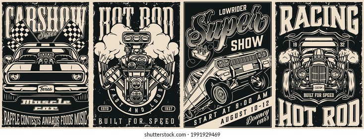 Vintage monochrome custom cars posters with inscriptions lowrider muscle and hot rod cars racing checkered flags and turbo engine vector illustration