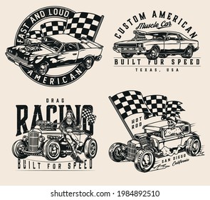 Vintage monochrome custom cars prints with american muscle cars beautiful tattooed woman holding checkered race flag skeleton in baseball cap driving hot rod isolated vector illustration