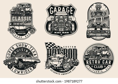 Vintage monochrome custom cars prints with inscriptions classic retro automobiles checkered race flag lowrider and muscle cars skeleton in baseball cap driving hot rod isolated vector illustration