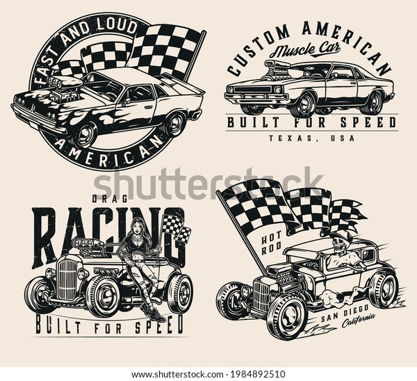Vintage\
monochrome custom cars prints with american muscle cars beautiful\
tattooed woman holding checkered race flag skeleton in baseball cap\
driving hot rod isolated vector\
illustration