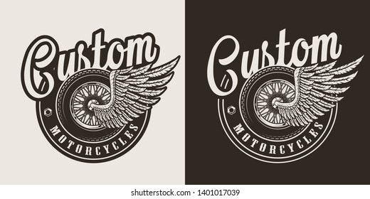 Vintage monochrome custom motorcycle badge with winged moto wheel isolated vector illustration