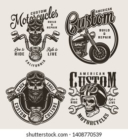 Vintage monochrome custom motorcycle badges with biker and motorcyclist skulls crossed wrenches chopper side view and motorbike steering wheel isolated vector illustration