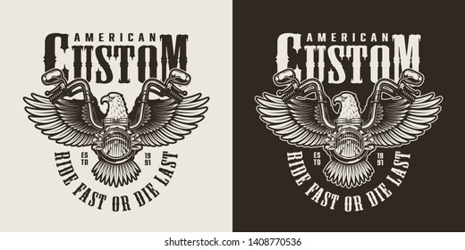 Vintage monochrome custom motorcycle emblem with motorbike steering wheel and eagle isolated vector illustration