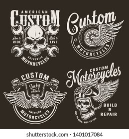 Vintage Monochrome Custom Motorcycle Logos Motorcyclist Stock Vector ...