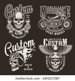 Vintage monochrome custom motorcycle prints with motorcyclist skulls american chopper side view skeleton hands holding wrenches fiery helmet eagle isolated vector illustration