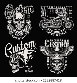 Vintage monochrome custom motorcycle prints with motorcyclist skulls american chopper side view skeleton hands holding wrenches fiery helmet eagle isolated vector illustration