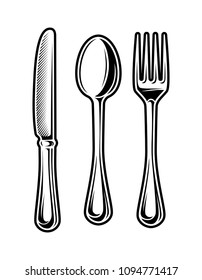 Vintage monochrome cutlery set with knife spoon fork isolated vector illustration