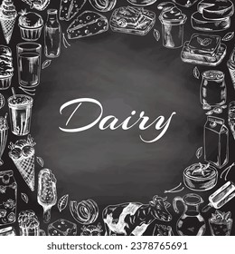 Vintage monochrome dairy produce  template, hand-drawn on chalkboard background. Eco food. Sketch illustration. Template with an empty space in the center.