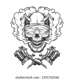 Vintage monochrome demon skull with blindfold in smoke cloud and crossed tattoo machines isolated vector illustration