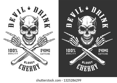 Vintage monochrome demon skull print with crossed skeleton hands showing rock and roll signs isolated vector illustration