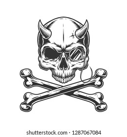 Vintage monochrome demon skull without jaw with rimless eyeglasses and crossbones isolated vector illustration
