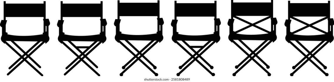 Vintage monochrome Director Chair icon set, use in video production or movie and cinema industry, Movie Clapper. Mockup, isolated on transparent background, doodle drawing elements graphic design