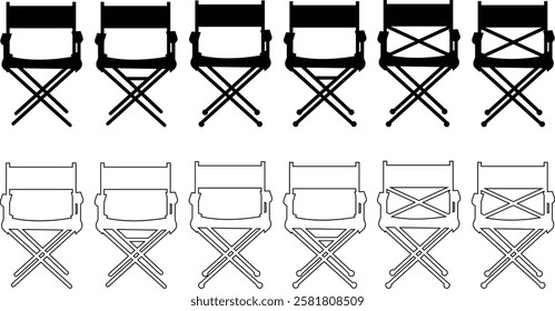 Vintage monochrome Director Chair icon set, use in video production or movie and cinema industry, Movie Clapper. Mockup, isolated on transparent background, doodle drawing elements graphic design