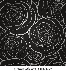 Vintage monochrome dog rose pattern. Flower background. Abstract black roses sketch. Flower card with dog rose silhouette. Hand drawn flower seamless pattern. Wild rose design.