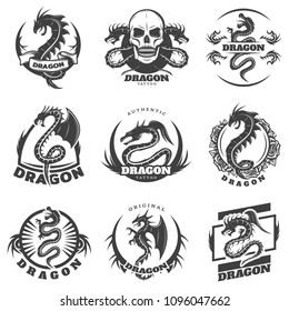 Vintage monochrome dragon tattoo labels set with inscription mythological reptiles skull and flowers isolated vector illustration