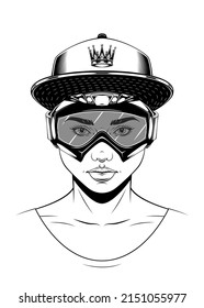 Vintage monochrome drawing of a woman face with baseball cap and mask. Isolated vector template