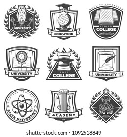 Vintage monochrome educational labels set with university college and academy elements isolated vector illustration