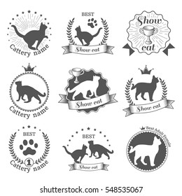 Vintage monochrome emblems, labels. Silhouette cats icons. Winner cup and medal symbol.