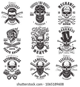 Vintage monochrome emblems with skull. Vector illustration.