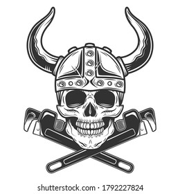 Vintage monochrome employee skull builder in viking helmet from new construction with crossed wrenches plumbing and gas pipe isolated vector illustration