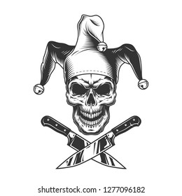 Vintage Monochrome Evil Jester Skull With Crossed Knives Isolated Vector Illustration