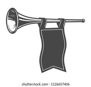 Vintage monochrome fanfare concept with waving flag isolated vector illustration