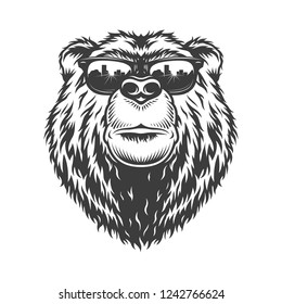 Vintage monochrome fashionable serious bear head in sunglasses isolated vector illustration