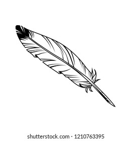 Vintage monochrome feather pen with ink on white background isolated vector illustration